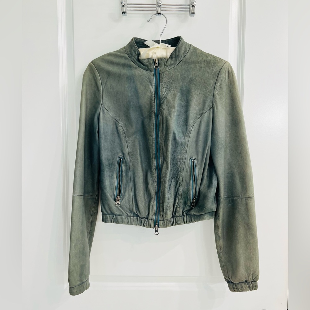 BCBG women’s bomber leather jacket, grayish blue color